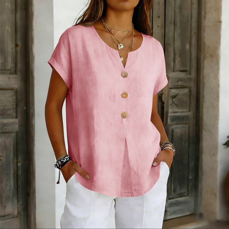 T-shirt donna con scollo a V e bottoni decorativi