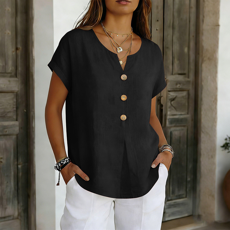 T-shirt donna con scollo a V e bottoni decorativi