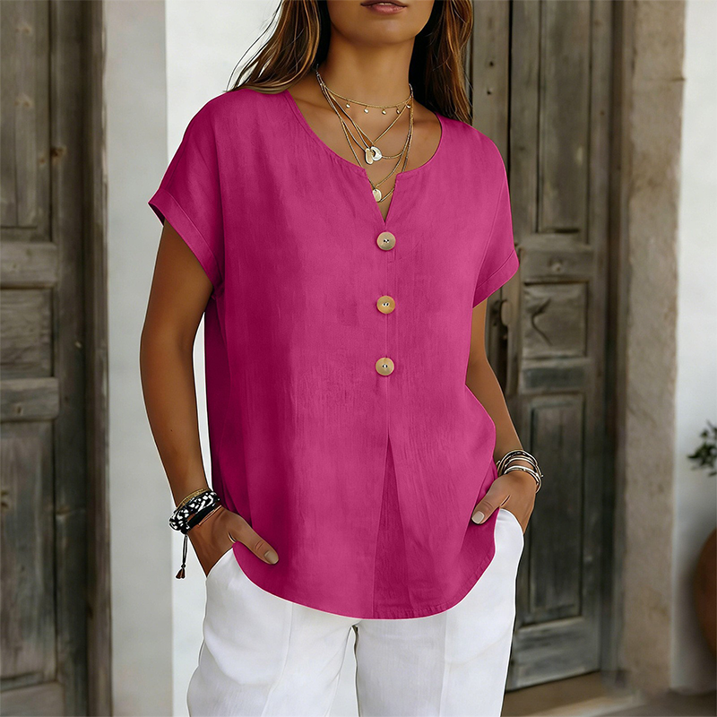 T-shirt donna con scollo a V e bottoni decorativi