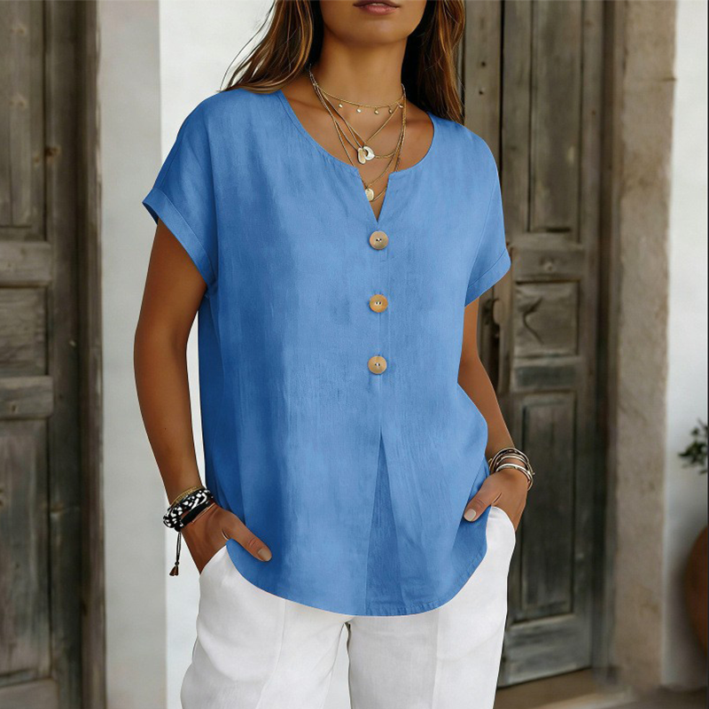 T-shirt donna con scollo a V e bottoni decorativi
