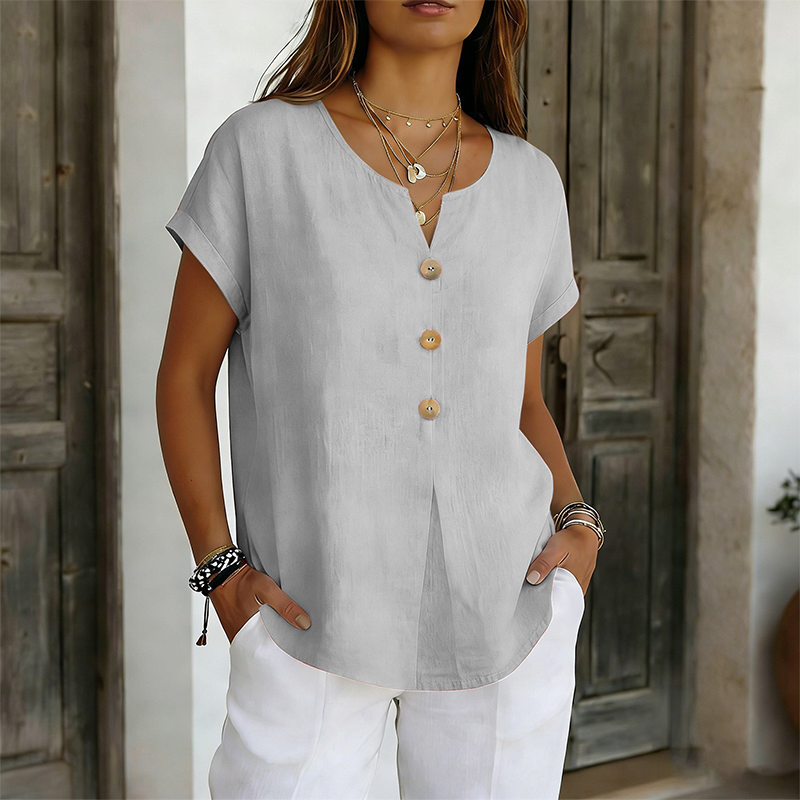 T-shirt donna con scollo a V e bottoni decorativi