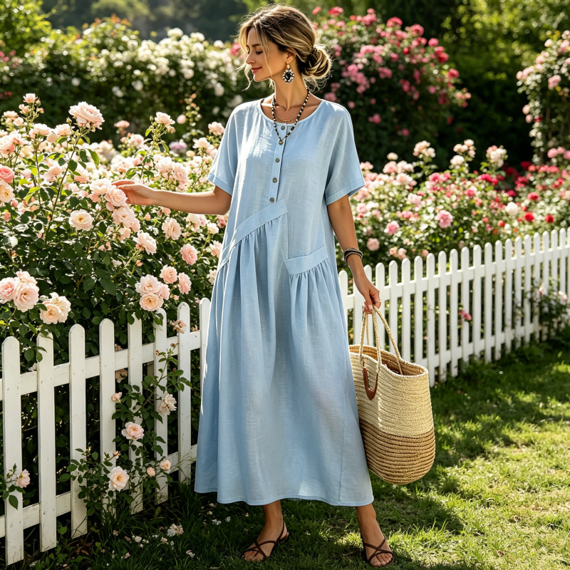 Abito maxi donna effetto cotone lino con bottoni