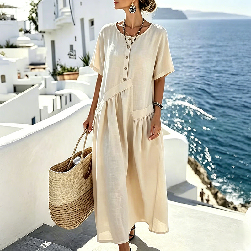Abito maxi donna effetto cotone lino con bottoni