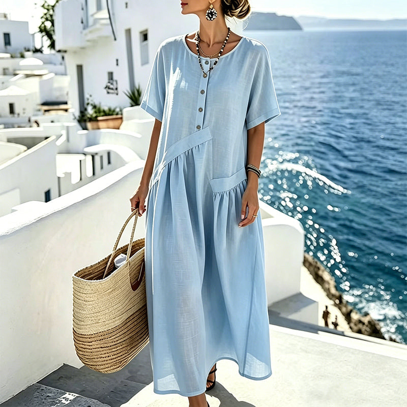 Abito maxi donna effetto cotone lino con bottoni