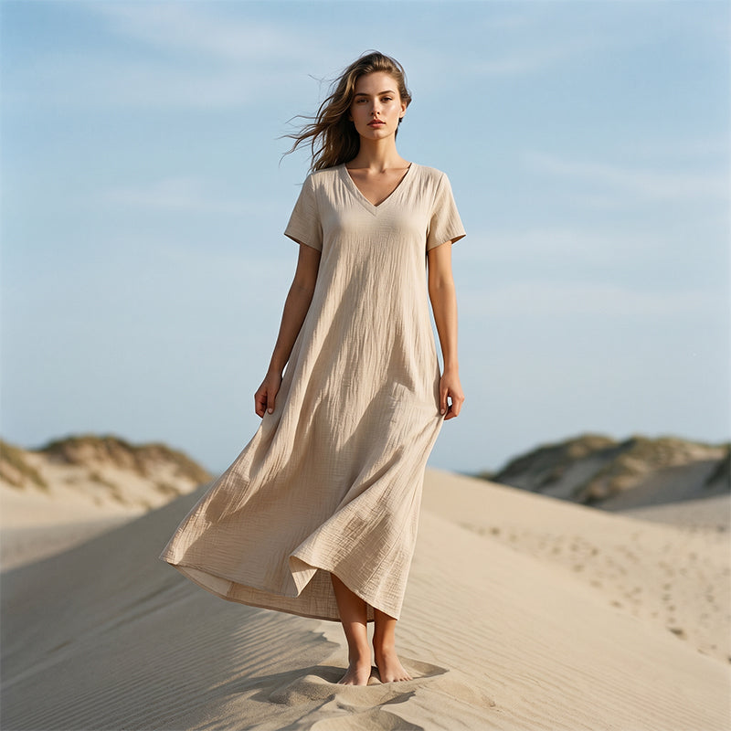 Abito maxi donna con scollo a V e tasche