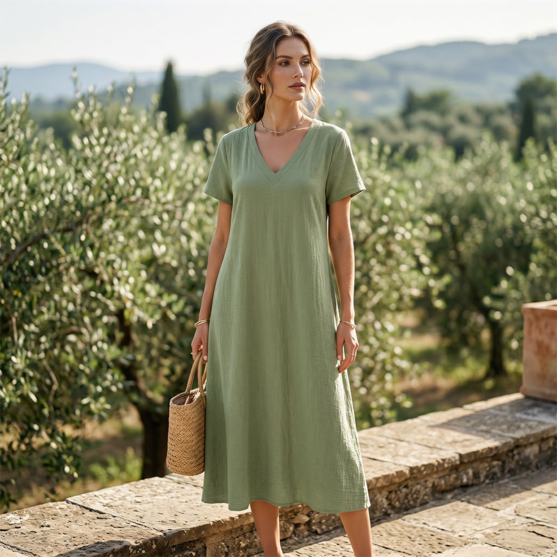 Abito maxi donna con scollo a V e tasche
