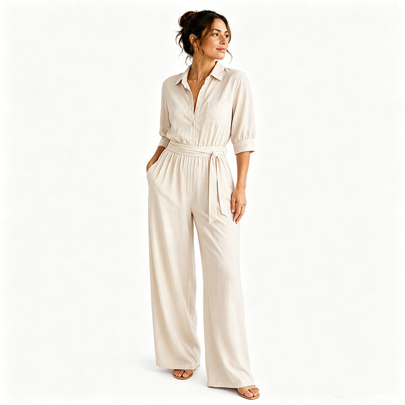 Tuta donna stile camicia con pantaloni larghi e cintura