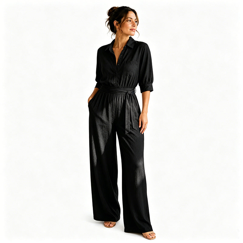Tuta donna stile camicia con pantaloni larghi e cintura