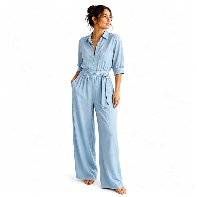 Tuta donna stile camicia con pantaloni larghi e cintura