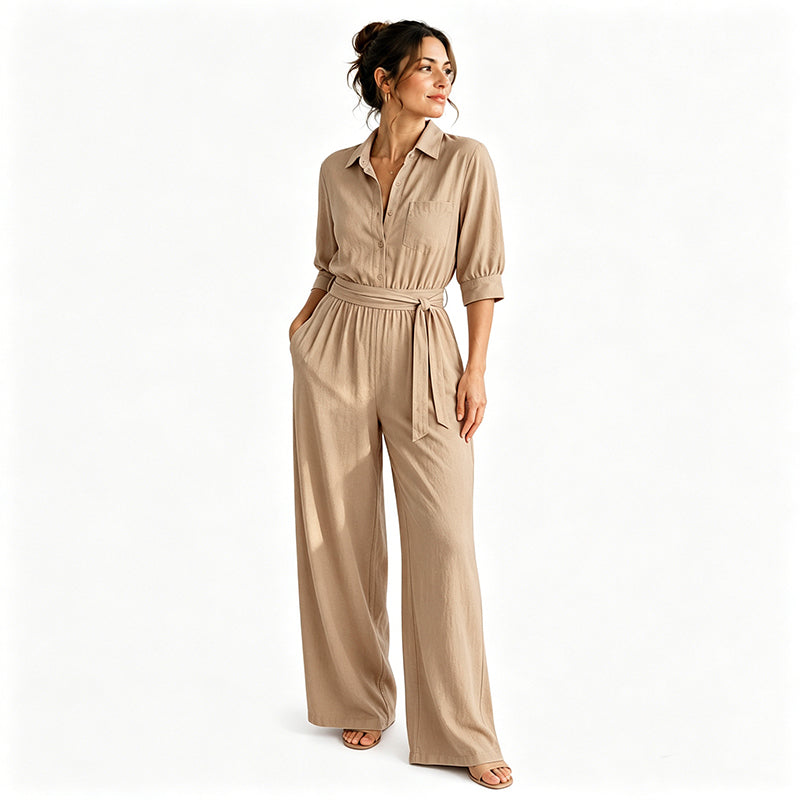 Tuta donna stile camicia con pantaloni larghi e cintura