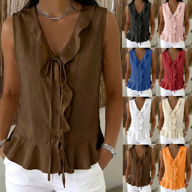 Top donna senza maniche con volant e scollo a V