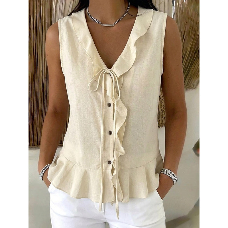 Top donna senza maniche con volant e scollo a V