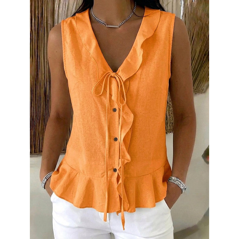 Top donna senza maniche con volant e scollo a V