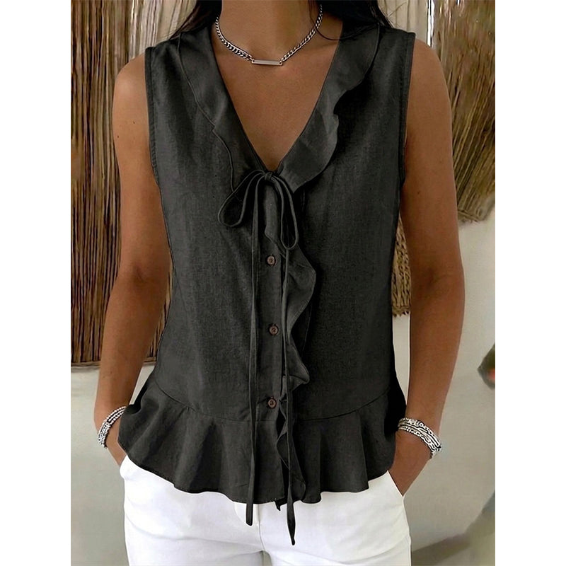 Top donna senza maniche con volant e scollo a V