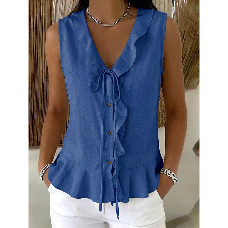 Top donna senza maniche con volant e scollo a V