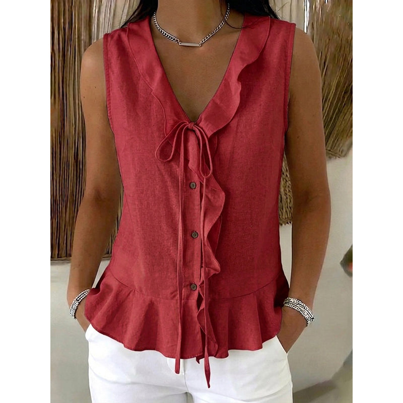Top donna senza maniche con volant e scollo a V