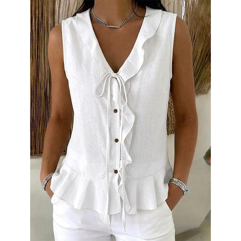 Top donna senza maniche con volant e scollo a V