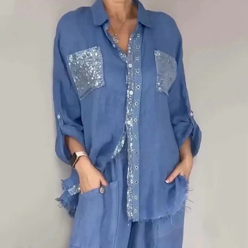 Completo donna elegante con paillettes e pantaloni morbidi