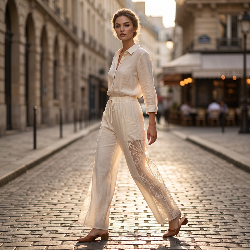 Pantaloni donna fluidi con pizzo e cordoncino