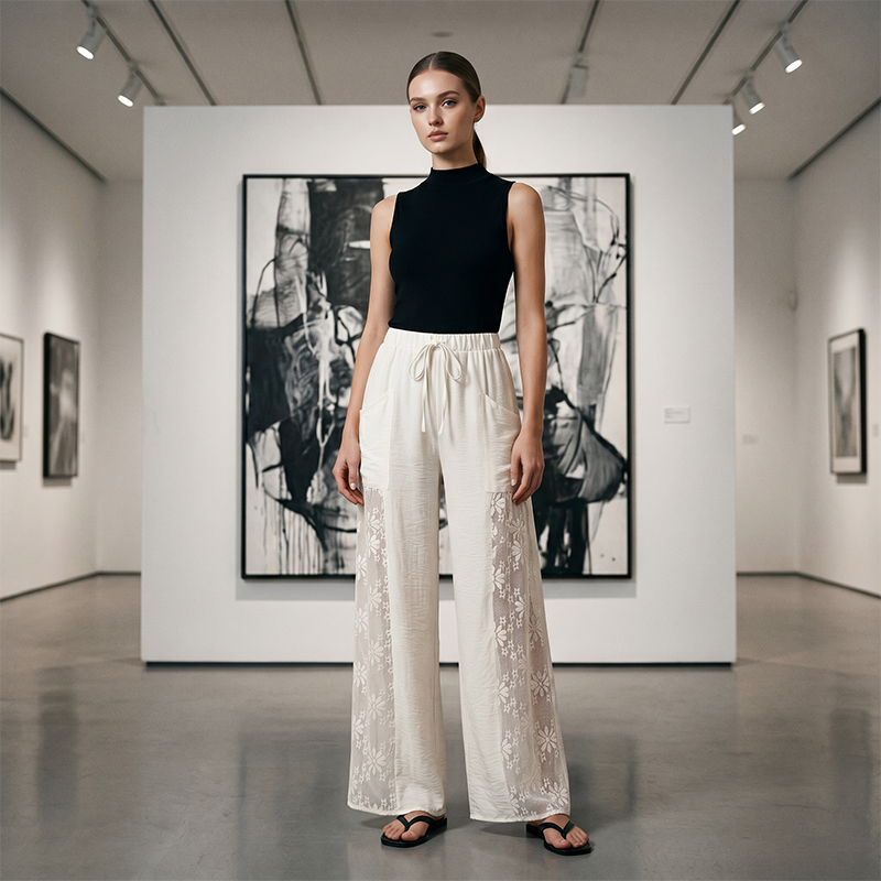 Pantaloni donna fluidi con pizzo e cordoncino