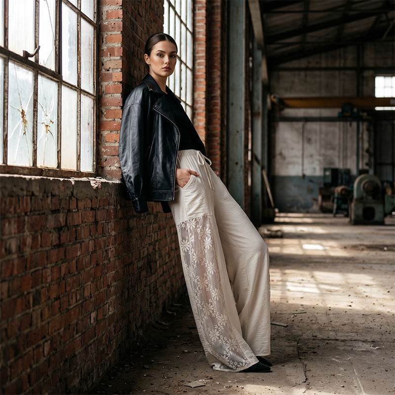 Pantaloni donna fluidi con pizzo e cordoncino