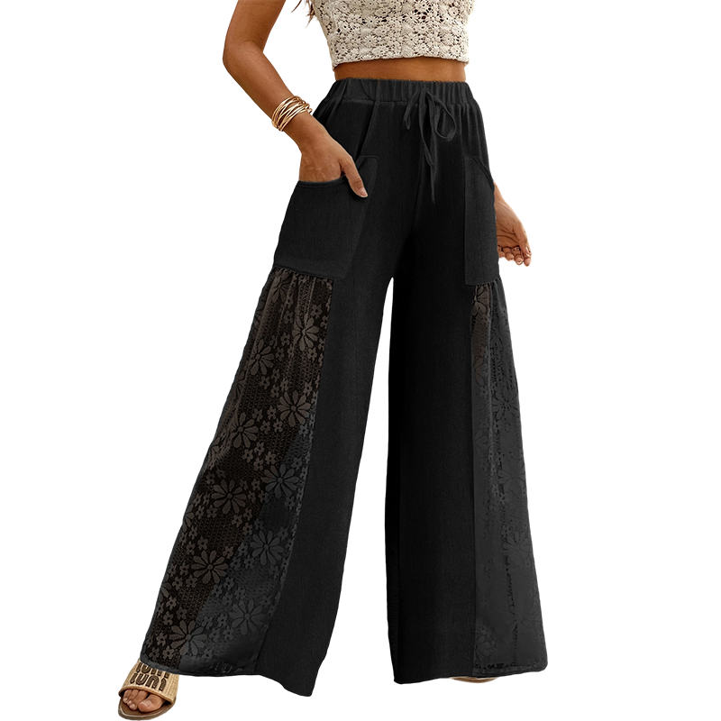 Pantaloni donna fluidi con pizzo e cordoncino