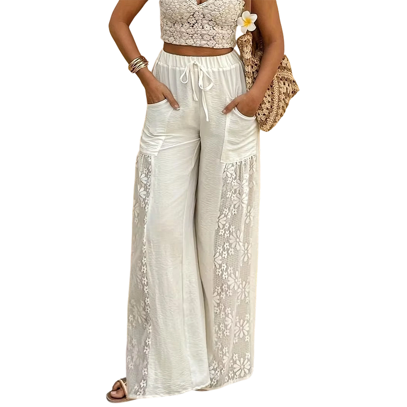 Pantaloni donna fluidi con pizzo e cordoncino