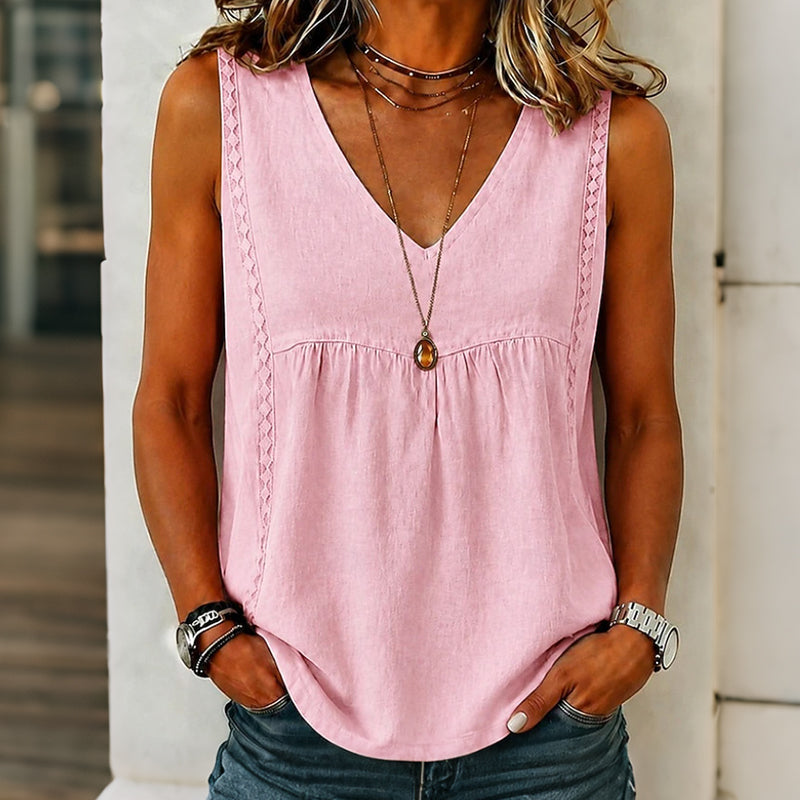 Canotta donna in cotone lino con scollo a V e pizzo