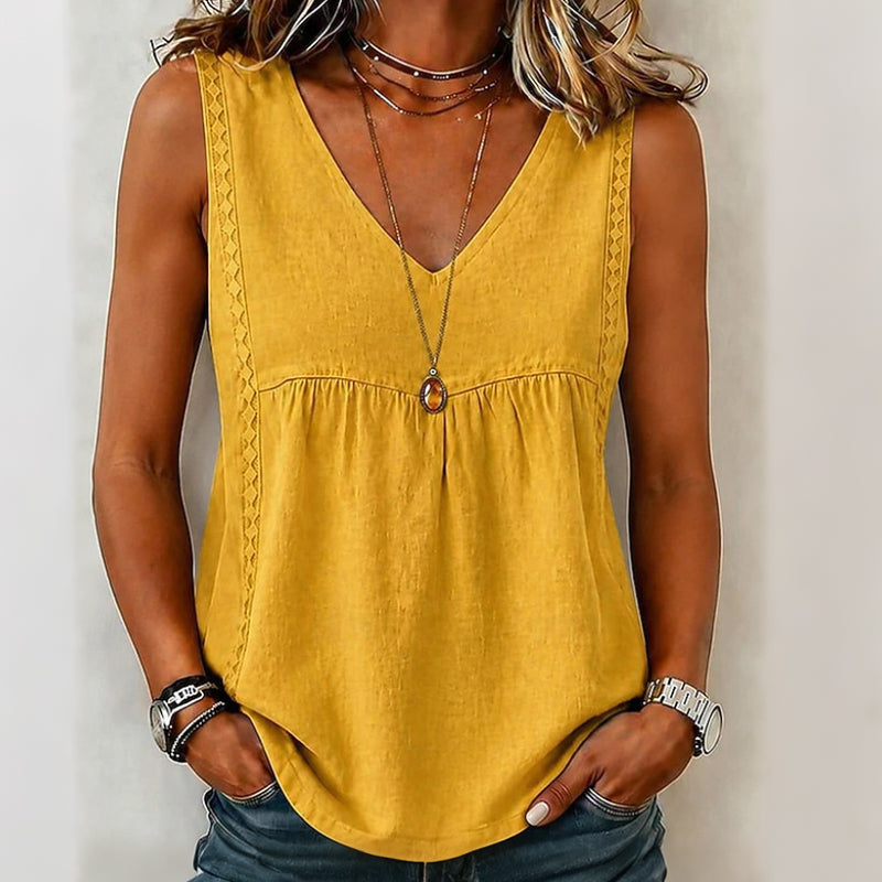Canotta donna in cotone lino con scollo a V e pizzo