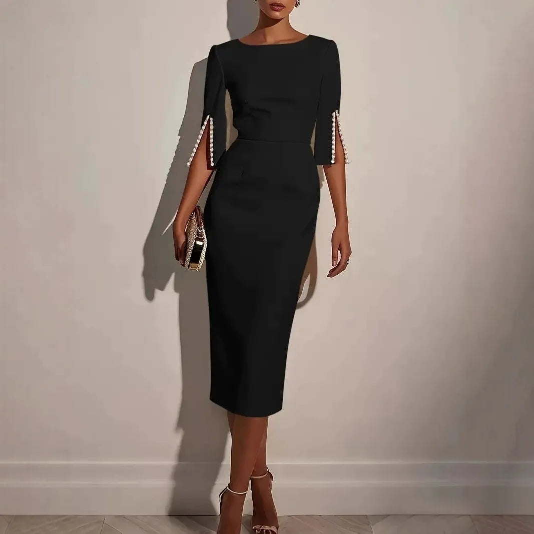 Abito donna tubino midi con maniche spaccate