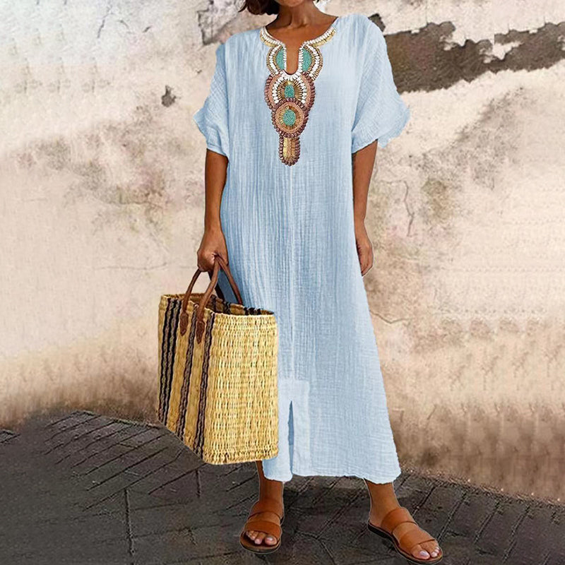 Vestito maxi donna bohemien con ricamo sul collo