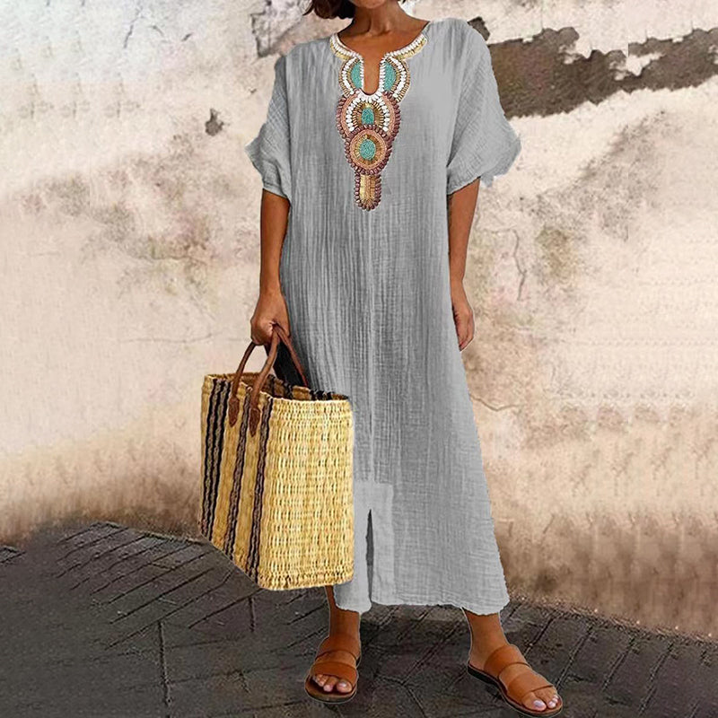 Vestito maxi donna bohemien con ricamo sul collo