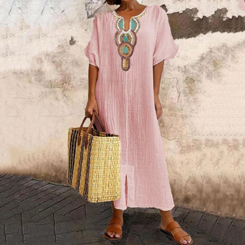 Vestito maxi donna bohemien con ricamo sul collo