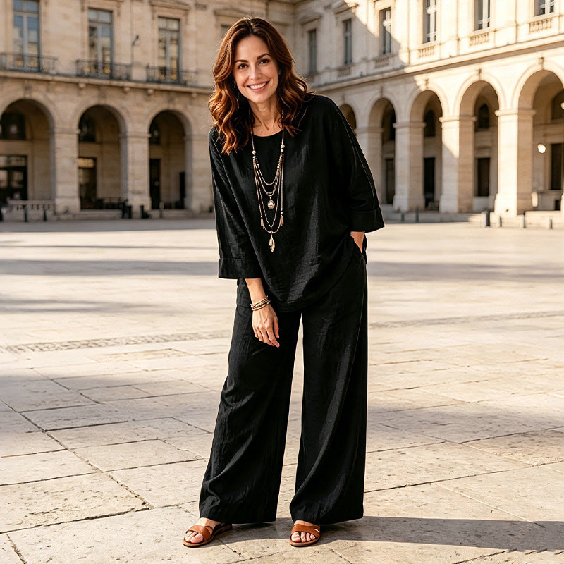 Completo donna due pezzi effetto lino con pantaloni larghi