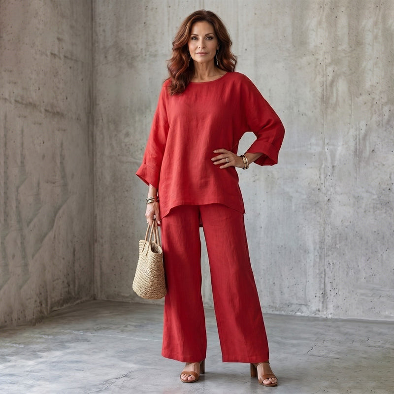 Completo donna due pezzi effetto lino con pantaloni larghi