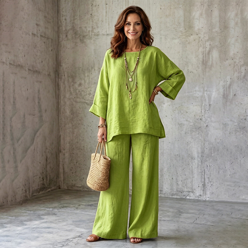 Completo donna due pezzi effetto lino con pantaloni larghi