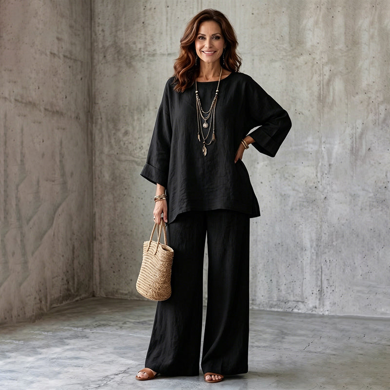 Completo donna due pezzi effetto lino con pantaloni larghi