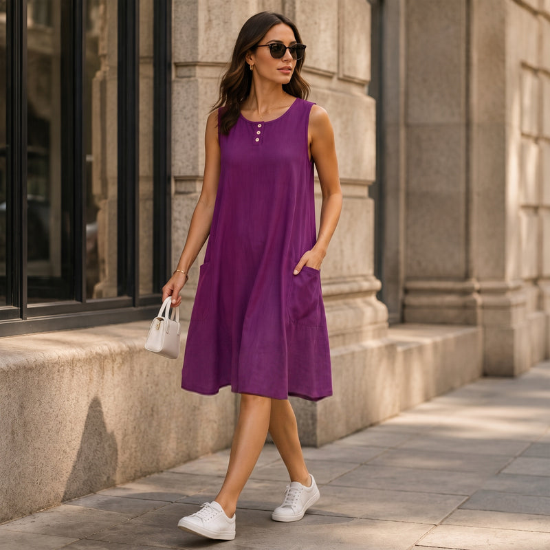 Abito donna senza maniche in cotone lino con tasche