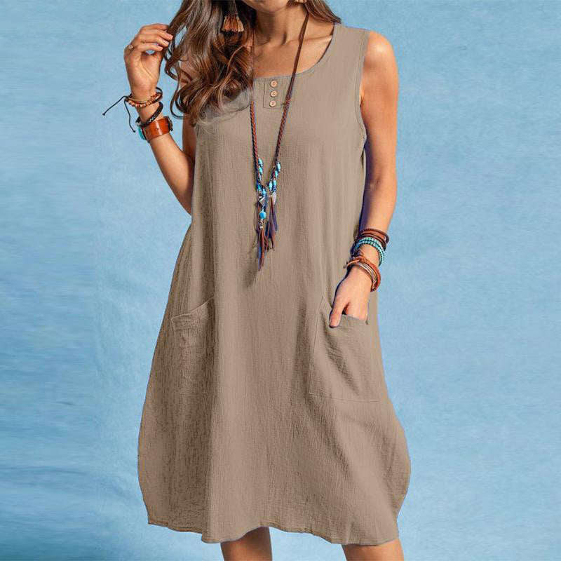 Abito donna senza maniche in cotone lino con tasche