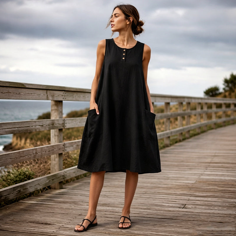 Abito donna senza maniche in cotone lino con tasche