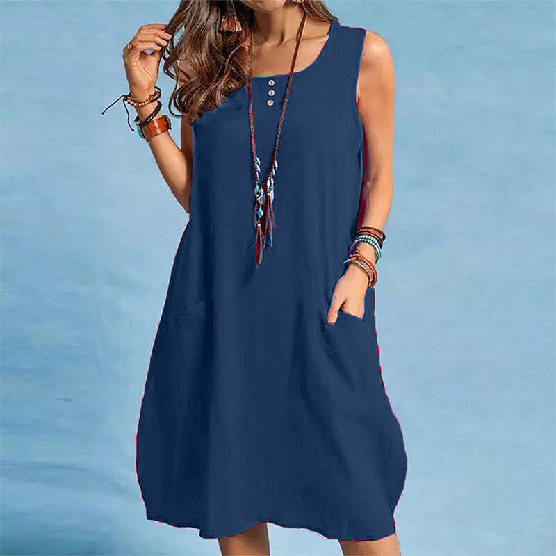 Abito donna senza maniche in cotone lino con tasche