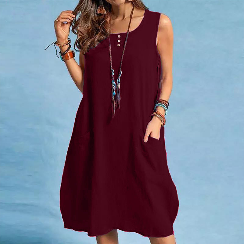 Abito donna senza maniche in cotone lino con tasche
