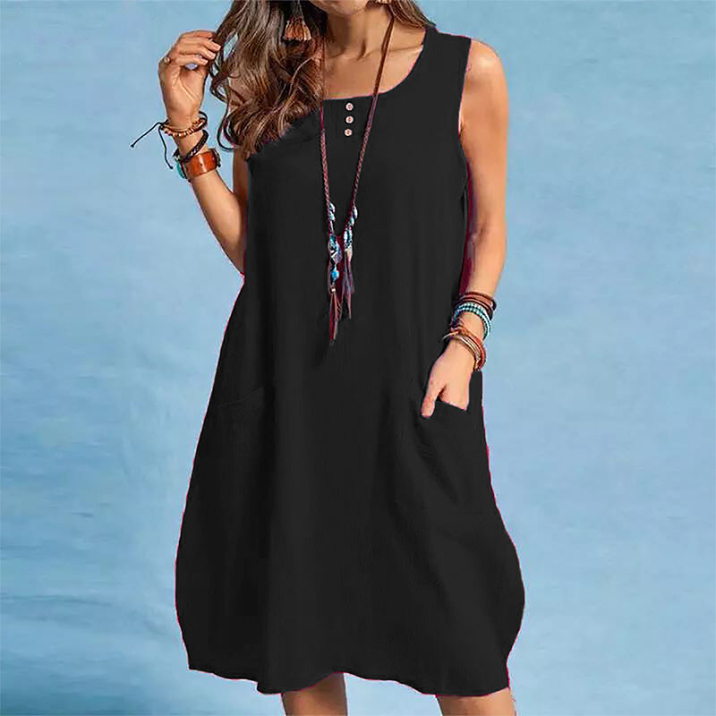 Abito donna senza maniche in cotone lino con tasche