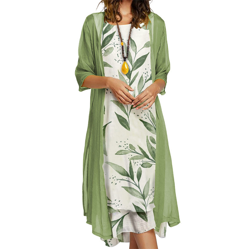 Completo donna due pezzi con abito floreale e giacca leggera