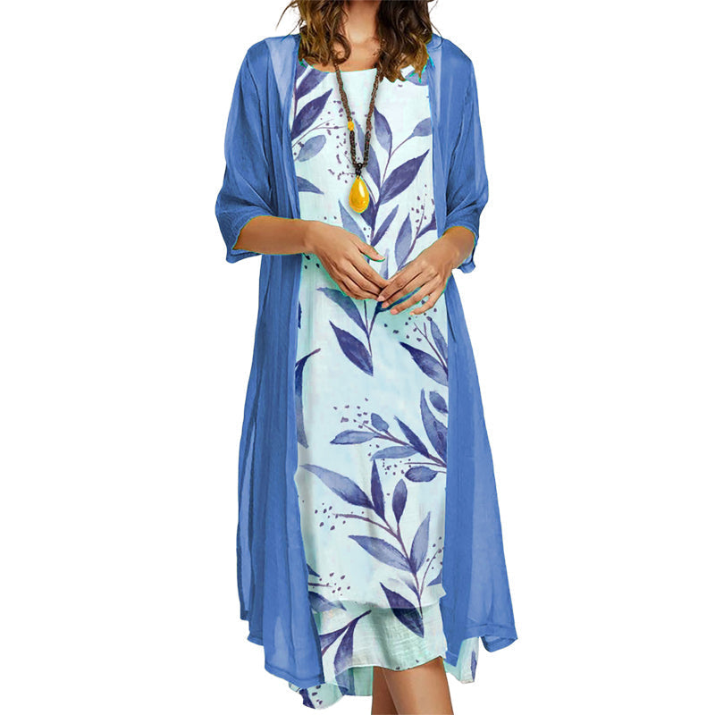 Completo donna due pezzi con abito floreale e giacca leggera