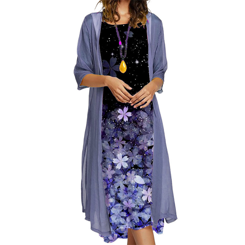 Completo donna due pezzi con abito floreale e giacca leggera