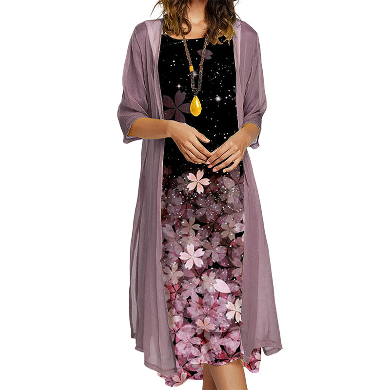 Completo donna due pezzi con abito floreale e giacca leggera