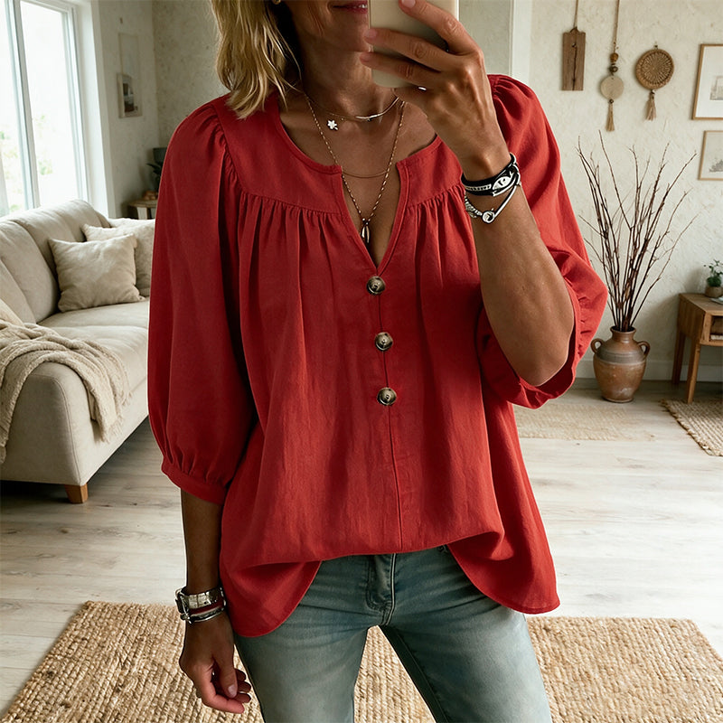 Blusa donna con scollo a V e maniche a tre quarti