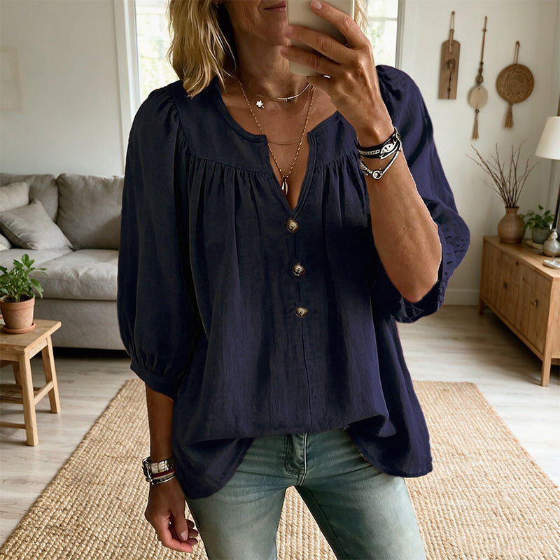 Blusa donna con scollo a V e maniche a tre quarti