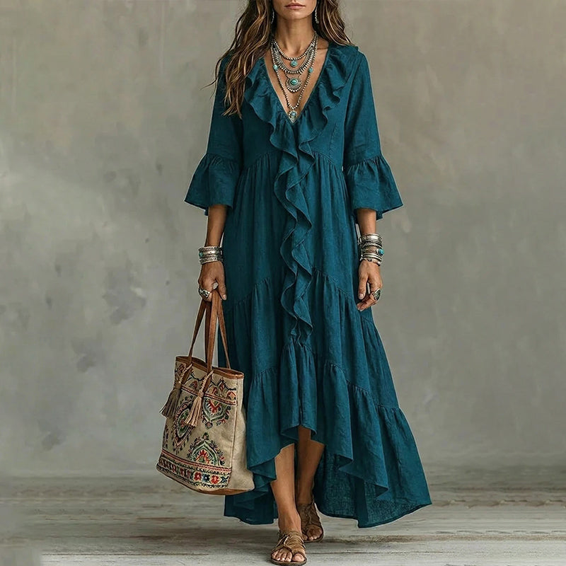 Abito midi donna bohemien con volant e scollo a V